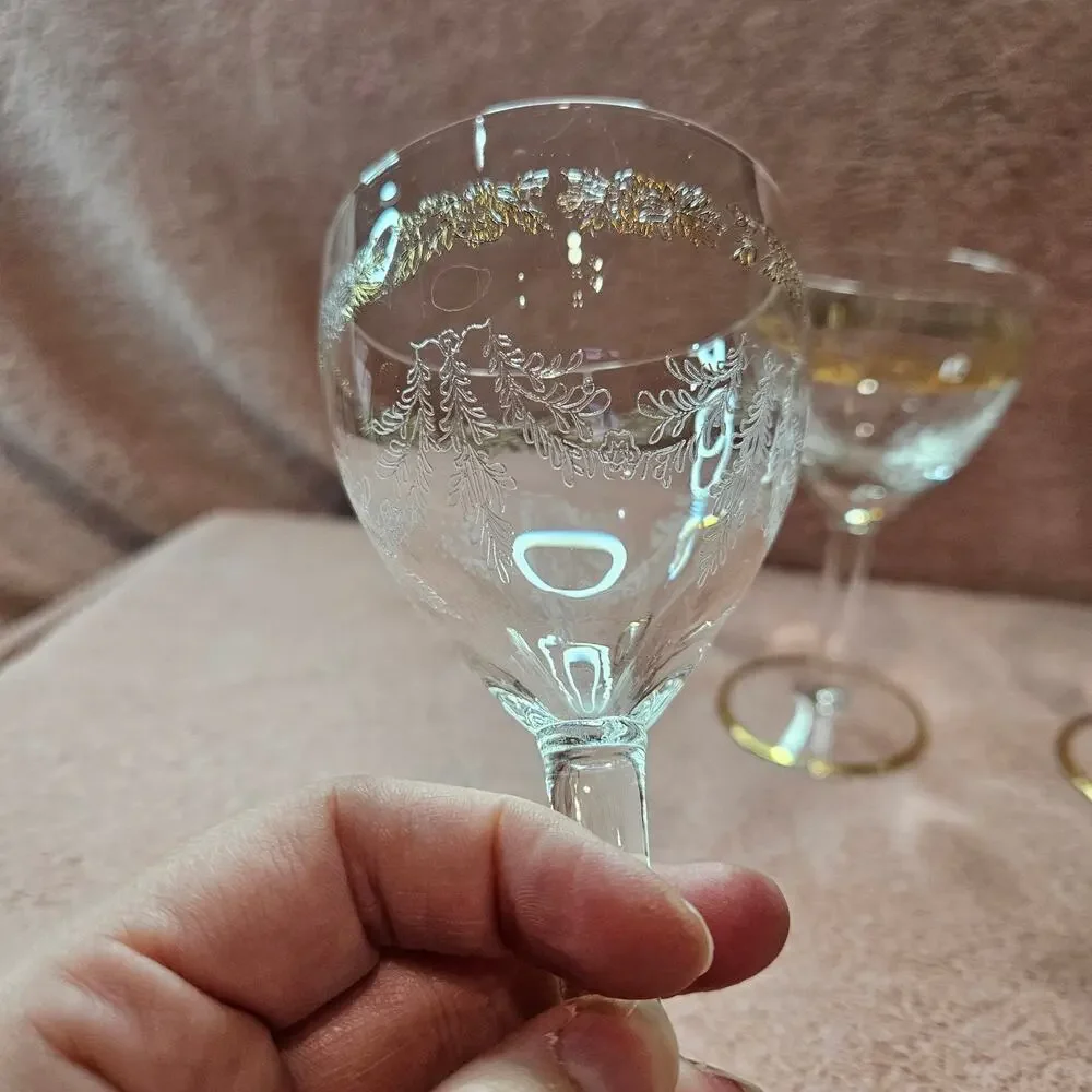 4 Vintage Bohemian Etched Crystal Cordial Glasses with Gold Trim & Floral Detail